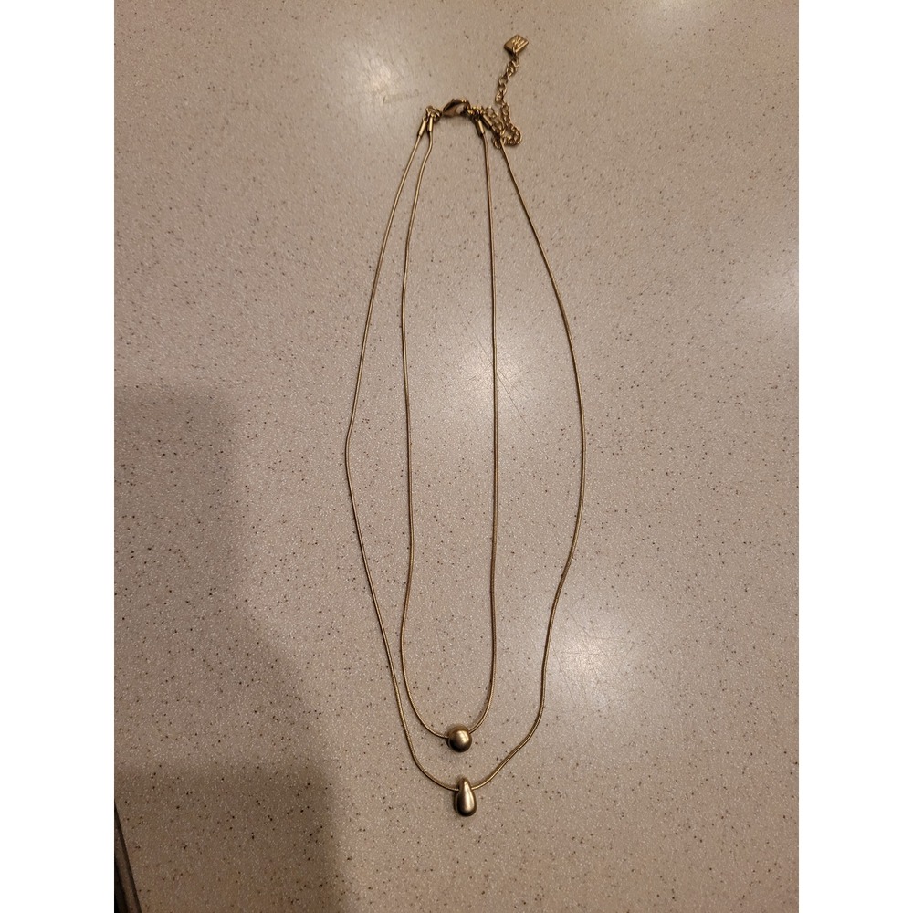 Gold Tone Double‎ Layer Snake Chain Necklace with Orb and Teardrop Pendants